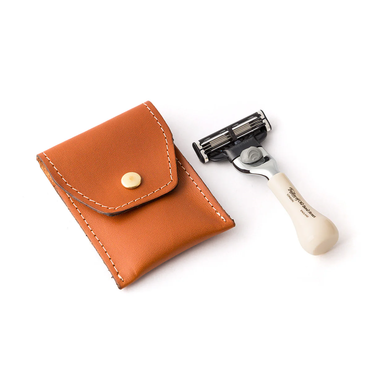 Mini Imitation Ivory Travel Mach3 Razor in Leather pouch - Image 2