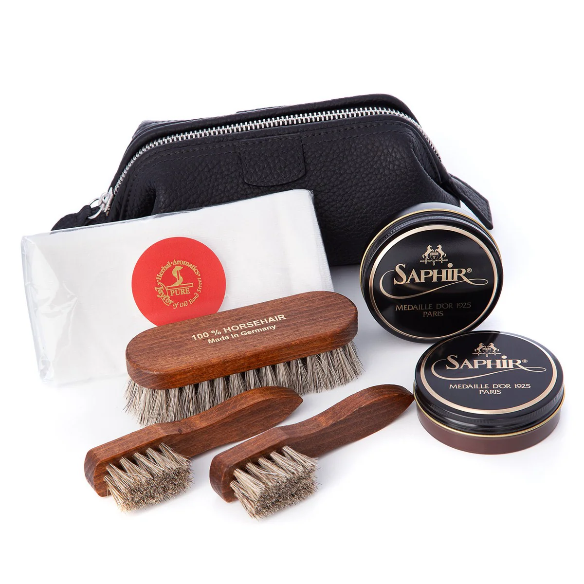 Shoe Shine Kit in Mini Black Leather Washbag - Image 2