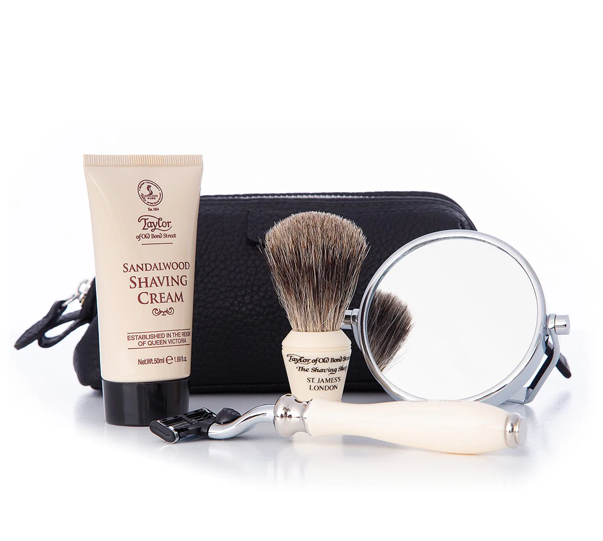 Travel Shaving Kit in Mini Black Leather Washbag - Image 2